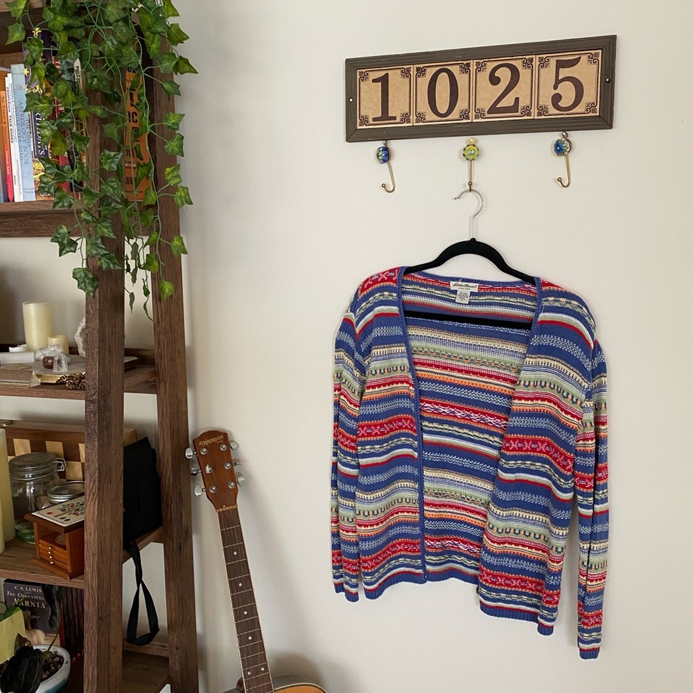 VINTAGE EDDIE BAUER MULTICOLOR BLUE KNIT CARDIGAN
